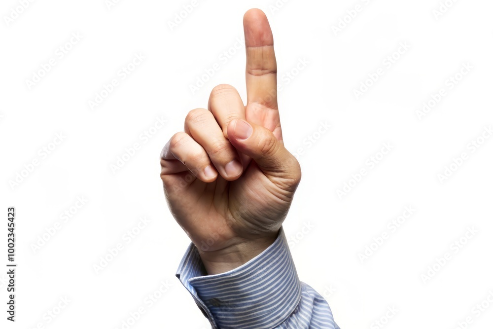 Hand gesture featuring an index finger pointing upwards, symbolizing indication or advertisement, against a clean white Hand gesture featuring an index finger pointing upwards, symbolizing indication or advertisement, against a clean white