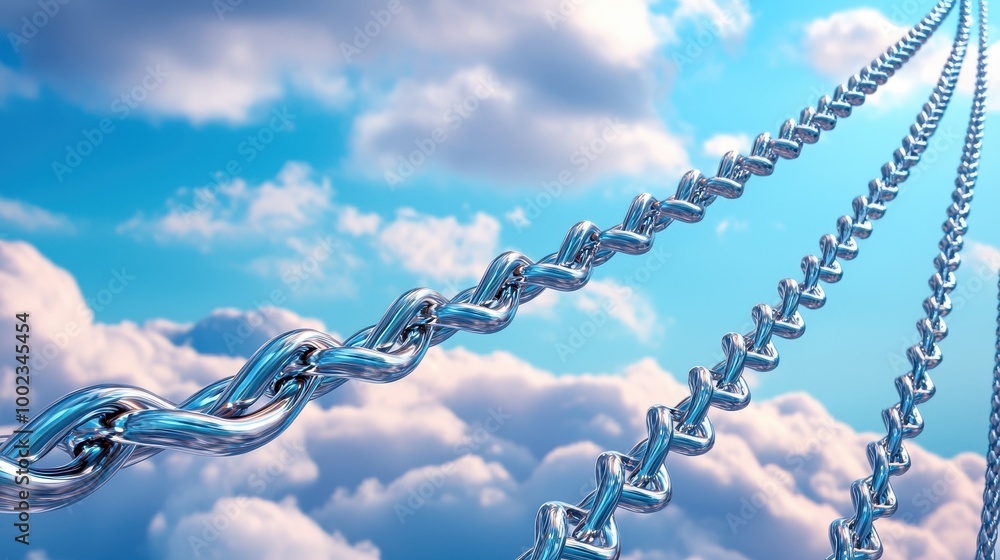 A close-up view of interconnected metallic chains ascending through fluffy clouds against a clear blue sky. A close-up view of interconnected metallic chains ascending through fluffy clouds against a clear blue sky.