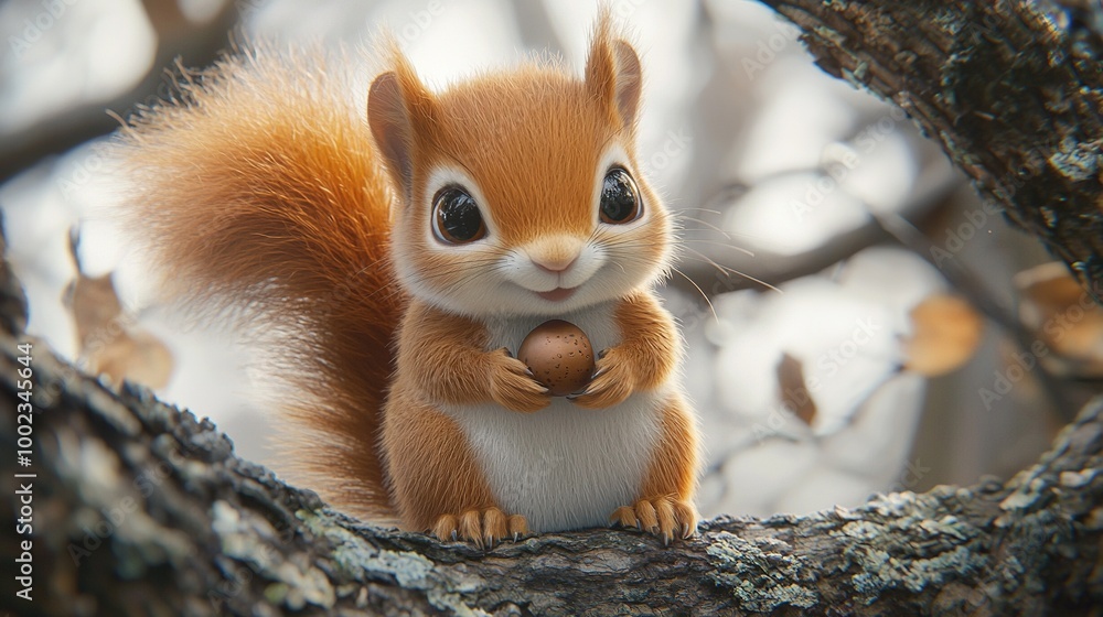 A zoomed-in image of a squirrel perched on a tree limb with a nut clutched in its jaws, gazing directly at the lens A zoomed-in image of a squirrel perched on a tree limb with a nut clutched in its jaws, gazing directly at the lens
