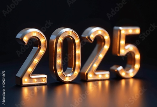 Shiny Metallic 2025 Numbers Artwork Reflecting Light