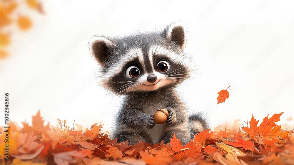 Obraz premium Autumn leaves surround the raccoon in a painting, holding acorn in hand against white backdrop