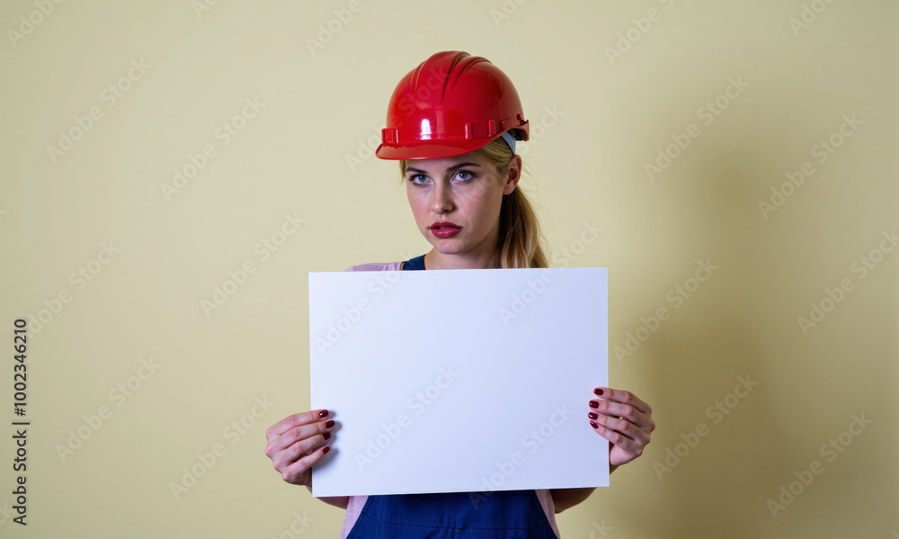 girl worker in a construction safety helmet holds a poster in her hands girl worker in a construction safety helmet holds a poster in her hands