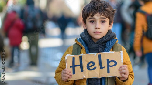 Young child holding a help sign in a busy urban street during daylight, seeking assistance from passersby photo