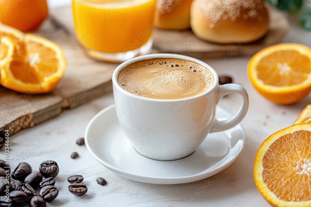 Fresh Tasty Cup Of Coffee Is Lying Near Sweets Buns And Orange Juice On White Table With Delicious Fruits, Neatly Arranged Breakfast On The Table Are Coffee Cups, Sweet Buns And Juice - generative ai Fresh Tasty Cup Of Coffee Is Lying Near Sweets Buns And Orange Juice On White Table With Delicious Fruits, Neatly Arranged Breakfast On The Table Are Coffee Cups, Sweet Buns And Juice - generative ai