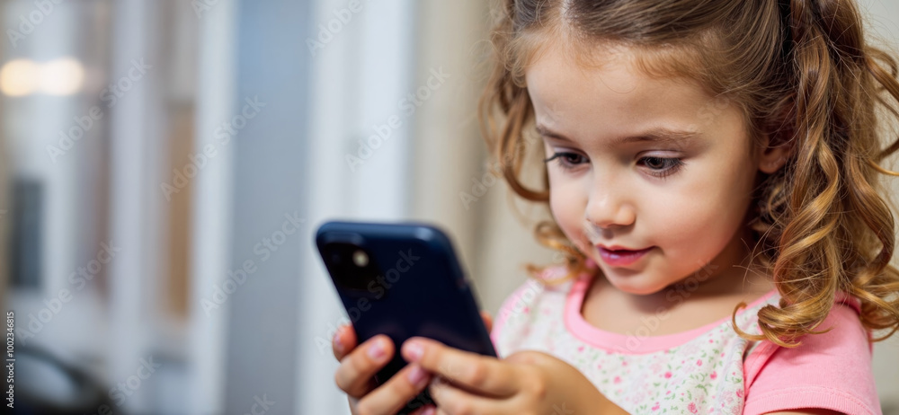 girl 5-6 years old with light curly hair plays with mobile phone girl 5-6 years old with light curly hair plays with mobile phone