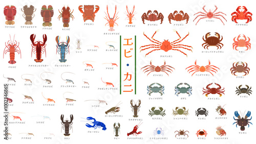 食用のエビ・カニ・ヤドカリ60種類。フラットなベクターイラストセット。
60 species of edible shrimp, crabs, and hermit crabs. Flat vector illustration set.