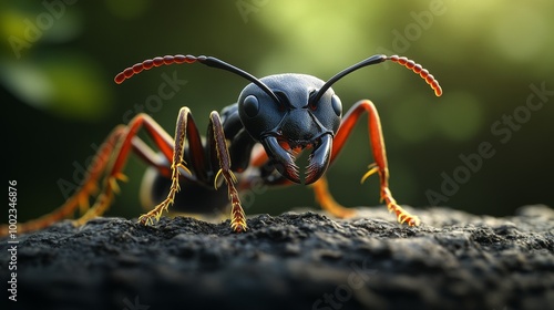 Close-up of a Black Ant Foraging on a Log in a Sunlit Forest Setting