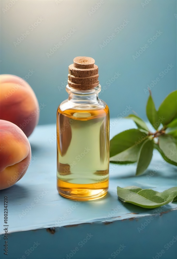 A bottle of peach essential oil with fresh peaches and green leaves on a blue background A bottle of peach essential oil with fresh peaches and green leaves on a blue background