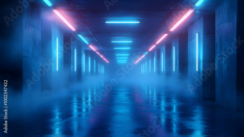 Neon Lights in a Foggy Corridor 3D Render