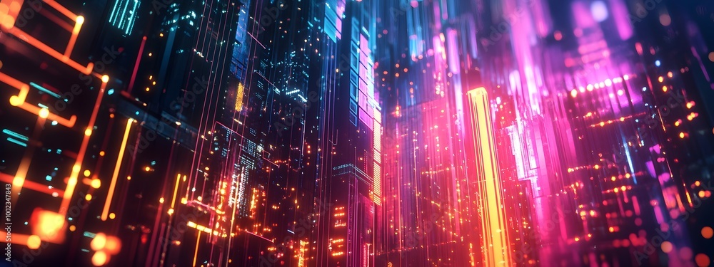 Fototapeta premium Abstract digital background with colorful glowing lines and futuristic elements, representing technology in a data center or internet network concept