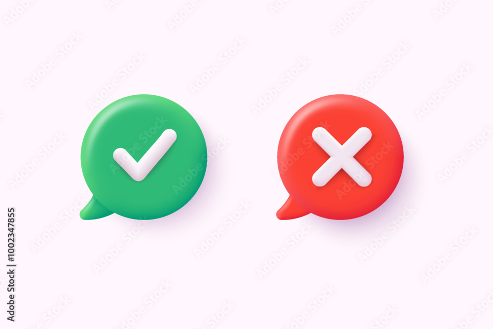 Right and wrong 3D buttons. Tick cross, red and green glossy round checklist icons. 3D Web Vector Illustrations. Right and wrong 3D buttons. Tick cross, red and green glossy round checklist icons. 3D Web Vector Illustrations.
