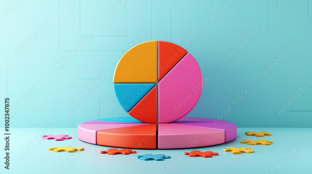Fototapeta premium Vibrant 3D Pie Chart with Floating Puzzle Pieces Representing Teamwork and Collaboration for Business Success