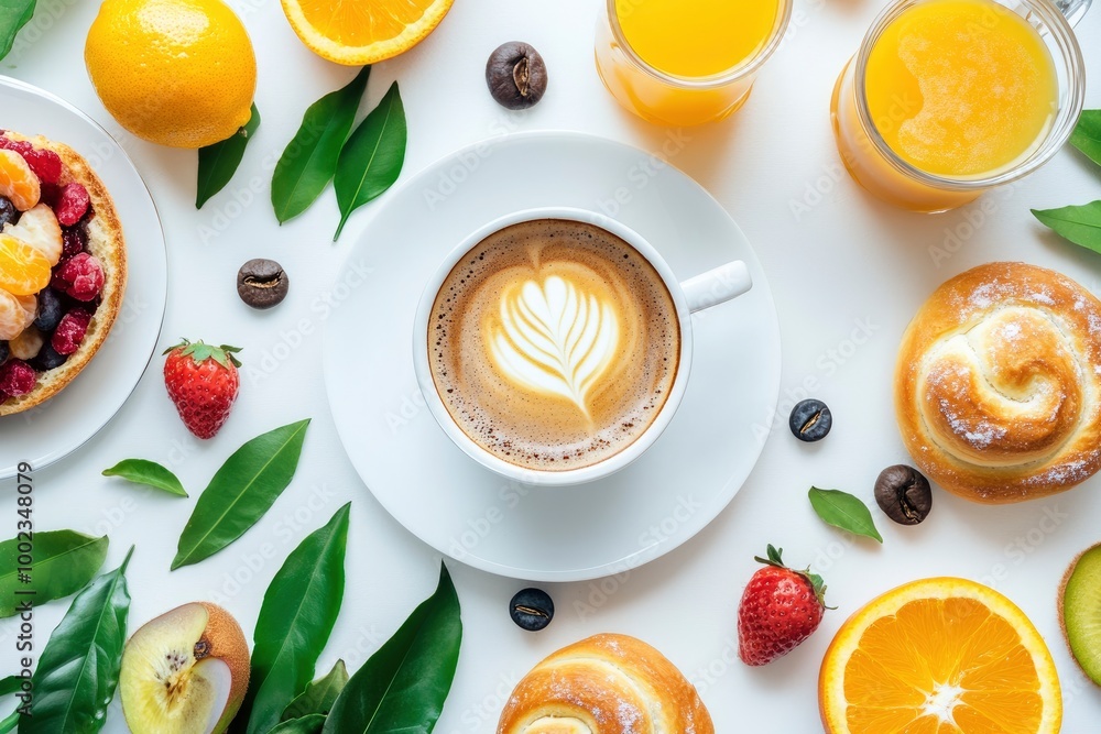 Fresh Tasty Cup Of Coffee Is Lying Near Sweets Buns And Orange Juice On White Table With Delicious Fruits, Neatly Arranged Breakfast On The Table Are Coffee Cups, Sweet Buns And Juice - generative ai Fresh Tasty Cup Of Coffee Is Lying Near Sweets Buns And Orange Juice On White Table With Delicious Fruits, Neatly Arranged Breakfast On The Table Are Coffee Cups, Sweet Buns And Juice - generative ai