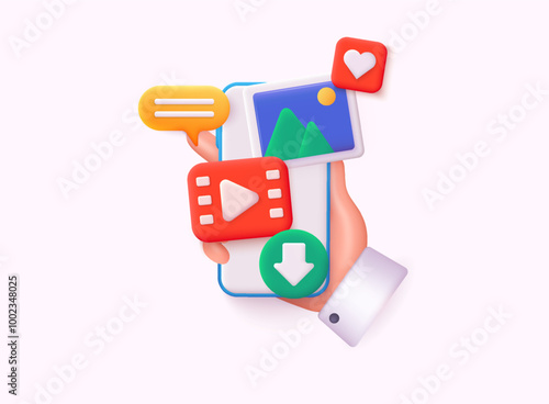 Social media platform, online social communication concept. Social network post surrounded with floating elements on blue background. 3d web Vector illustration.