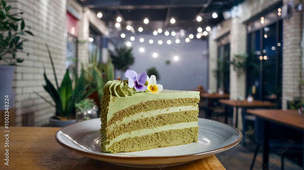 A slice of green tea cake served on a plate, offering a refined cafe experience in soft, muted tones. A slice of green tea cake served on a plate, offering a refined cafe experience in soft, muted tones.