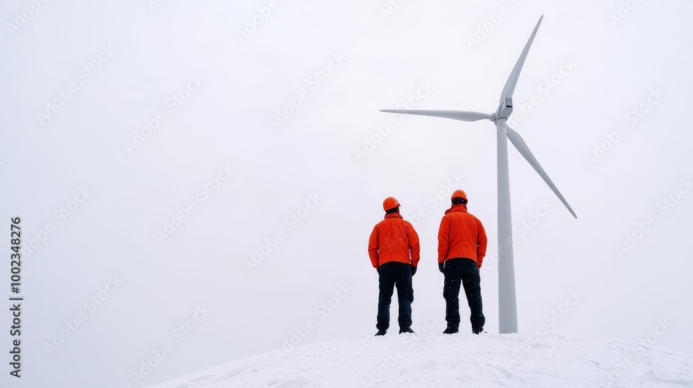 Two individuals in orange jackets stand near a wind turbine in a snowy landscape Two individuals in orange jackets stand near a wind turbine in a snowy landscape