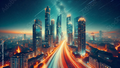 Wallpaper Mural A futuristic cityscape with towering skyscrapers and dynamic light trails, set against a starry sky Torontodigital.ca