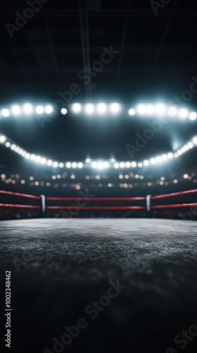 Empty boxing ring bathed in bright lights, with blurred stadium crowd in the background, creating a dramatic and intense atmosphere. photo