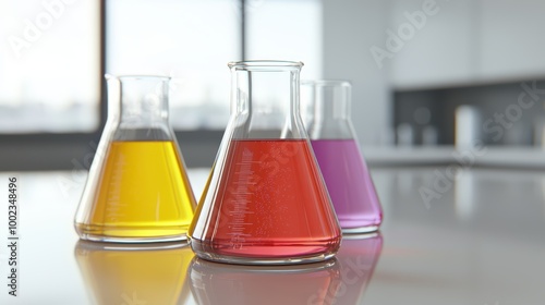 Vibrant 3D Beakers with Colorful Liquids on Laboratory Table with Reflective Surfaces and Scientific Instruments