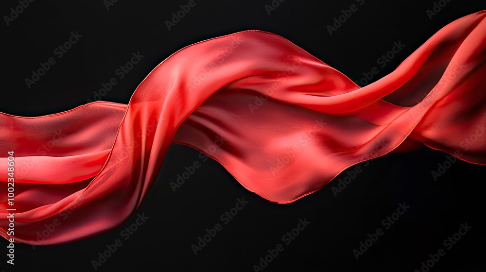 Fototapeta premium Red silk scarf flow in front of black background. Abstract fabric curve flying on dark backdrop. Elegant fashion and beauty magazine mockup design.with generative ai