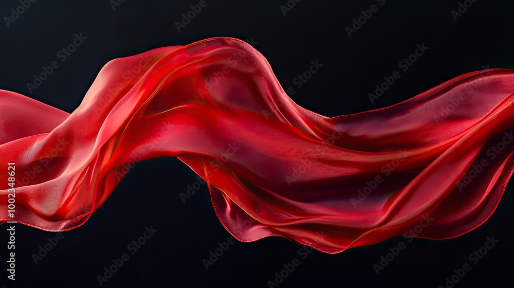 Red silk scarf flow in front of black background. Abstract fabric curve flying on dark backdrop. Elegant fashion and beauty magazine mockup design.with generative ai Red silk scarf flow in front of black background. Abstract fabric curve flying on dark backdrop. Elegant fashion and beauty magazine mockup design.with generative ai