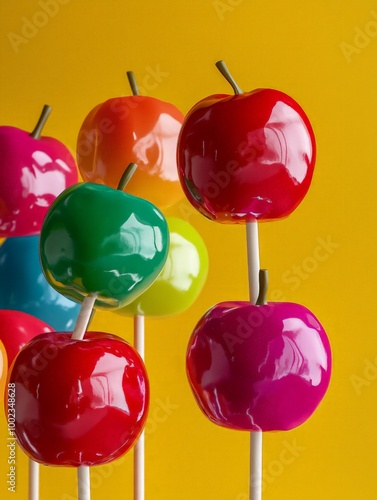 Colorful Candy Apples in Mid-Air, Vibrant treats soaring against a bright backdrop, showcasing glossy finishes and playful colors, capturing the essence of festive indulgence.