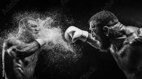 Black and white photography. Two men on ring fighting, one boxers making powerful punch, with such force that of sweat bursting around photo