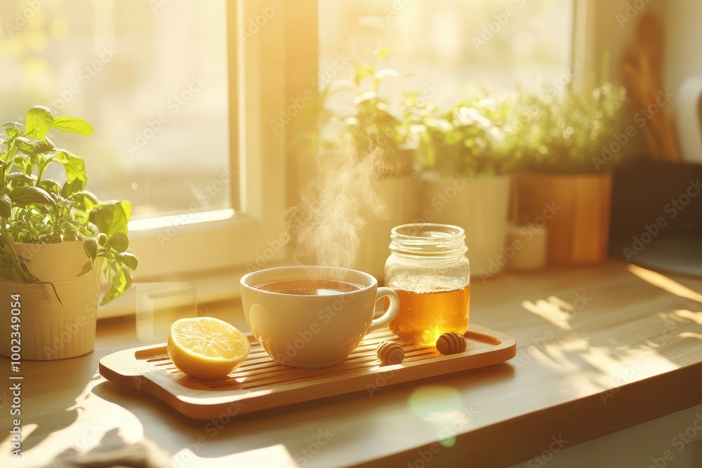 Fototapeta premium cup of tea and lemon beside a window sill, symbolize healthy lifestyle