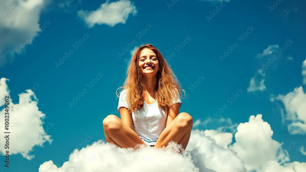 A woman is sitting on a cloud and smiling. The sky is blue and there are clouds in the background A woman is sitting on a cloud and smiling. The sky is blue and there are clouds in the background