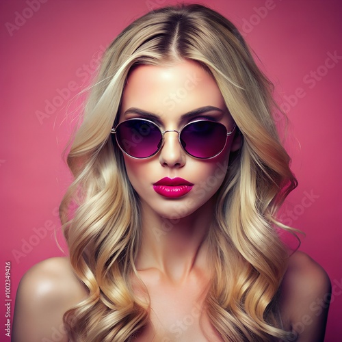 Portrait of young beautiful fit blonde woman on pink background in studio wearing sunglasses. Fashion concept