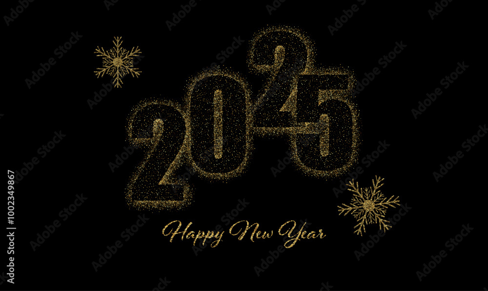 New Year 2025 text design, golden snowflakes on black background New Year 2025 text design, golden snowflakes on black background