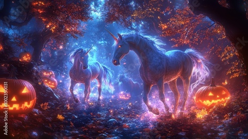 Magical Unicorns in Enchanted Forest with Jack o Lanterns for Halloween