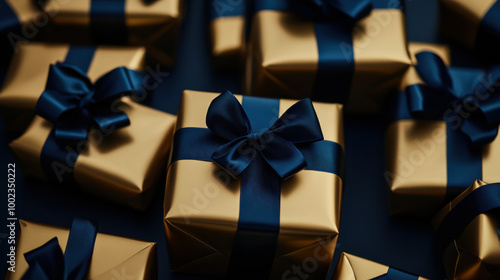 Elegantly wrapped golden gifts with navy blue ribbons arranged on a dark surface for a festive celebration