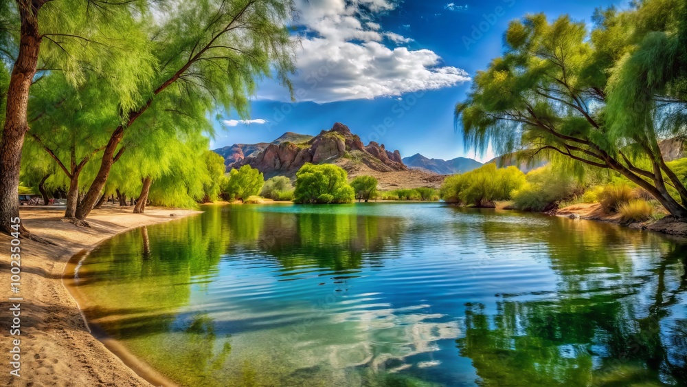 In Arizona's desert landscape, the peaceful Willow Beach showcases tranquil waters bordered by vibrant greenery, In Arizona's desert landscape, the peaceful Willow Beach showcases tranquil waters bordered by vibrant greenery,
