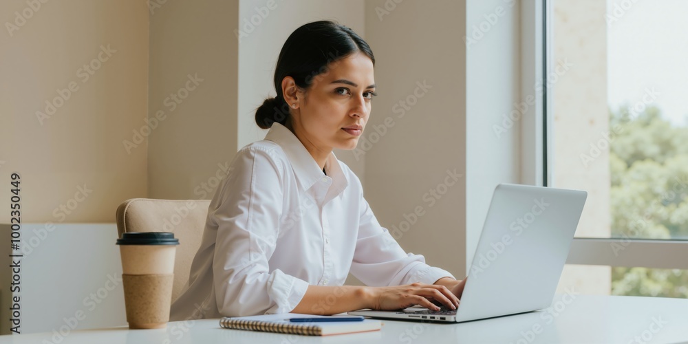 Focused Indian Woman Working Remotely in a Minimalist Office Environment Focused Indian Woman Working Remotely in a Minimalist Office Environment