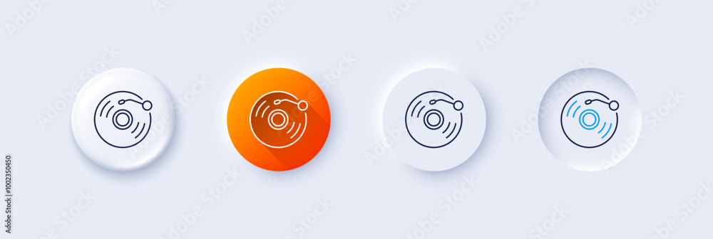 Vinyl record line icon. Neumorphic, Orange gradient, 3d pin buttons. Music sound sign. Musical device symbol. Line icons. Neumorphic buttons with outline signs. Vector Vinyl record line icon. Neumorphic, Orange gradient, 3d pin buttons. Music sound sign. Musical device symbol. Line icons. Neumorphic buttons with outline signs. Vector