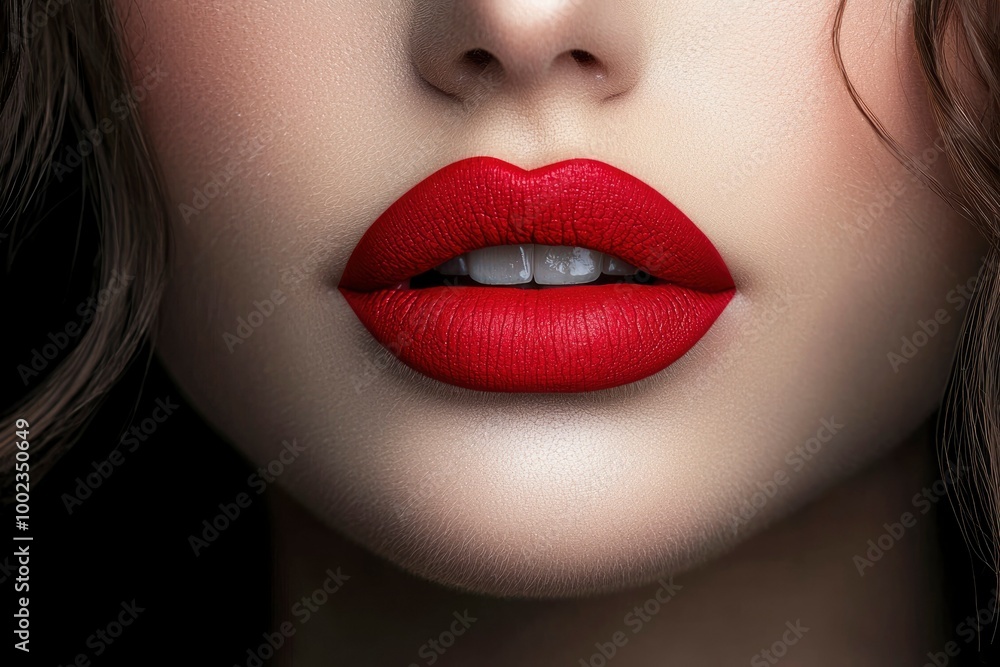 Fototapeta premium Close-up of a Woman's Mouth with Red Lipstick