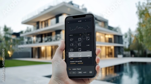 A Hand Holding a Smartphone with a Smart Home App Interface in Front of a Modern House with a Swimming Pool