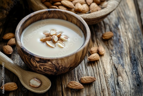 Almond milk with almond in a wooden spoon and bowl on a wooden (selective focus; close-up shot) - generative ai