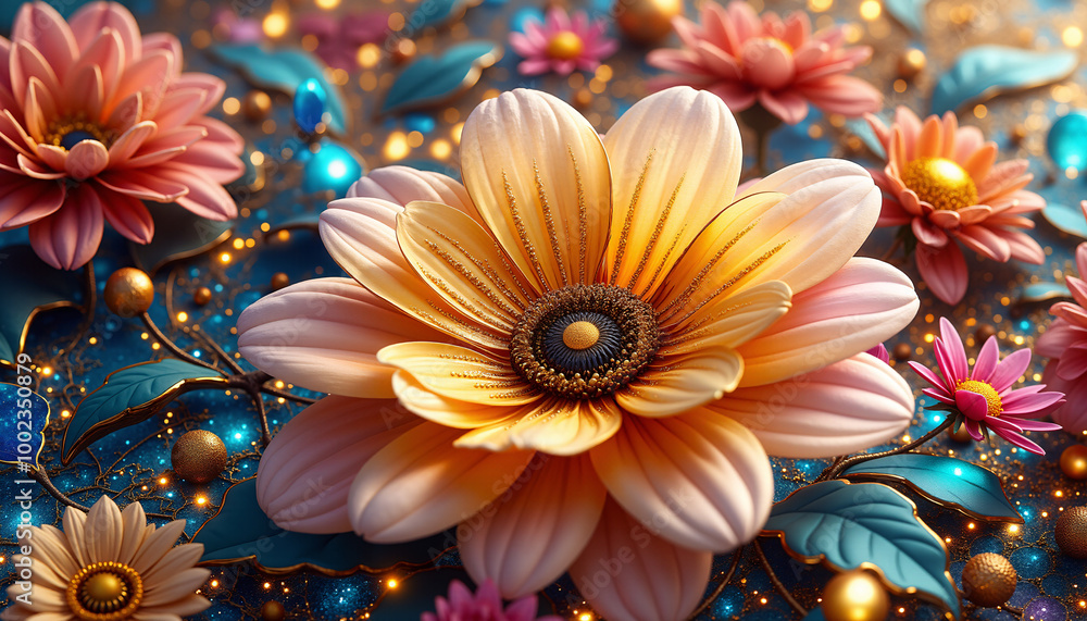 Fototapeta premium A flowery background with a yellow flower in the center