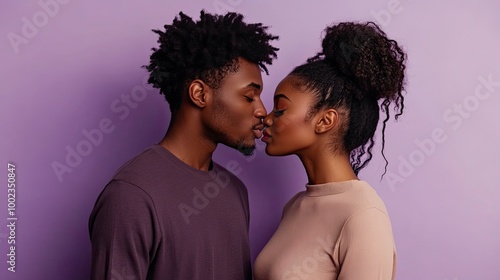 Side view young couple two friends family man woman of African American ethnicity wear casual clothes together kiss each other with generative ai