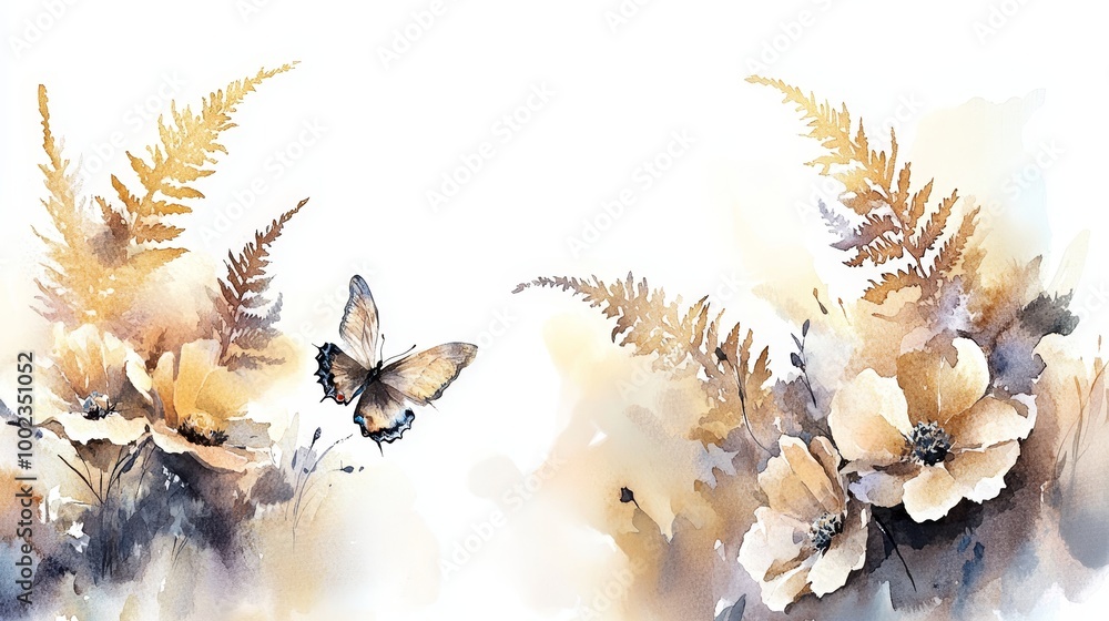 Obraz premium Dreamy Botanical Watercolor Painting - Delicate ferns, dried flowers, and butterflies in muted earthy tones on a minimalist white background.