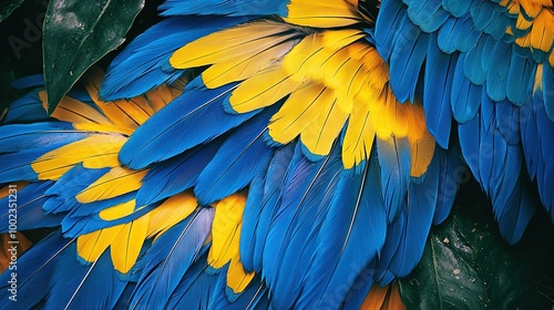 Wallpaper Mural   A close-up photo of a blue and yellow bird's feathers against a green leaf in the background Torontodigital.ca