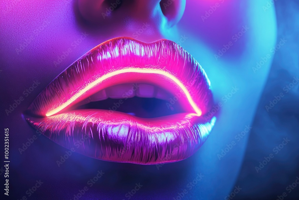 Close-up of a Woman's Lips with Neon Glow Close-up of a Woman's Lips with Neon Glow