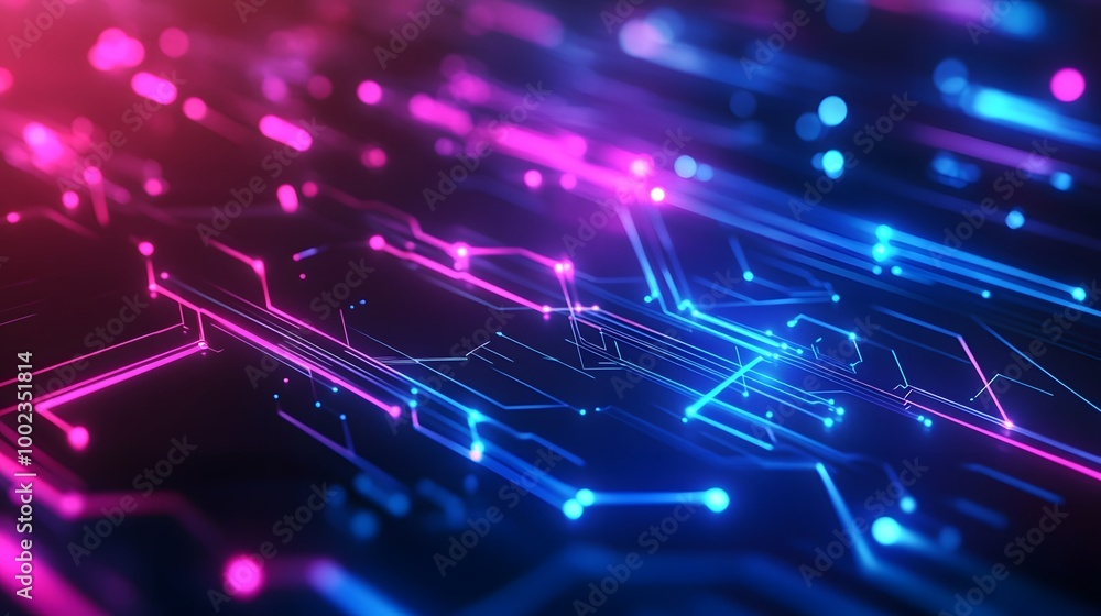 Obraz premium Abstract digital background with colorful glowing lines and futuristic elements, representing technology in a data center or internet network concept