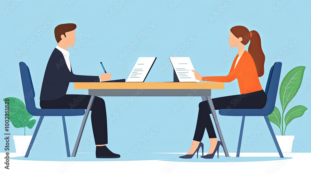 A business meeting between two professionals seated at a table, discussing documents in a modern office setting. A business meeting between two professionals seated at a table, discussing documents in a modern office setting.