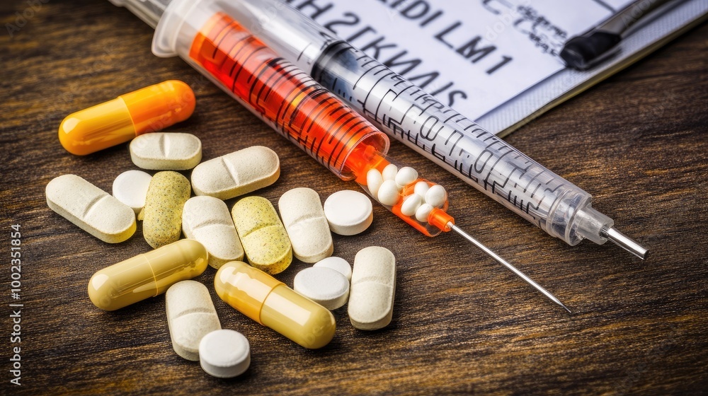 A creative top-down view of stethoscope, thermometer, syringe, pills, and documents on a table, representing healthcare. No people, no logo. A creative top-down view of stethoscope, thermometer, syringe, pills, and documents on a table, representing healthcare. No people, no logo.