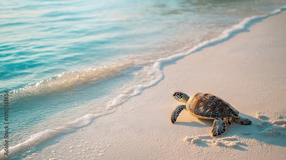 A turtle lying on sandy shore, facing ocean backdrop A turtle lying on sandy shore, facing ocean backdrop