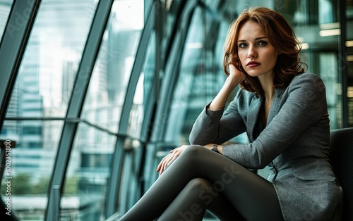 A contemplative woman in a business suit sits in a modern office space with large glass windows overlooking a cityscape.