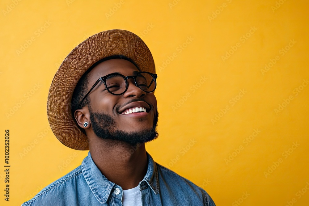 Smiling cool stylish gen z Black hipster guy looking away at copy space advertising promotion. Happy positive young adult African American man standing at yellow background. with generative ai Smiling cool stylish gen z Black hipster guy looking away at copy space advertising promotion. Happy positive young adult African American man standing at yellow background. with generative ai